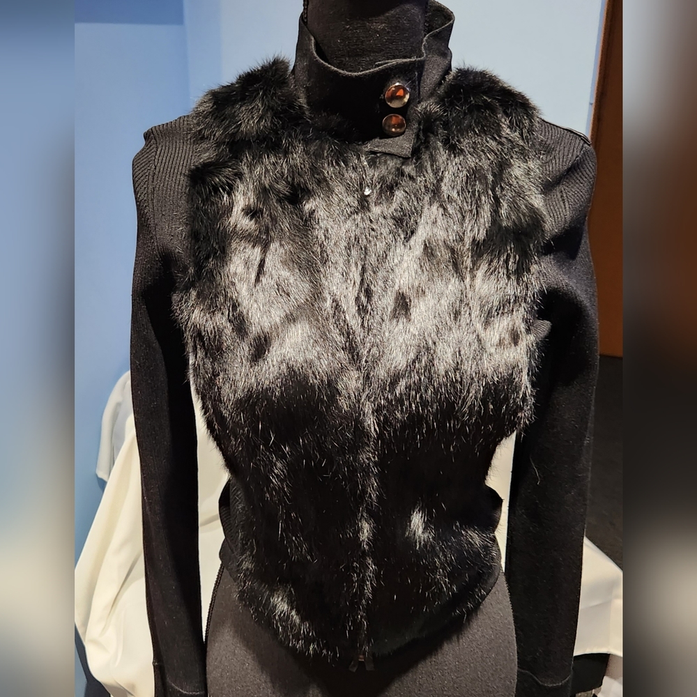 Bebe Women's Knit Sweater with Rabbit Fur and Leather